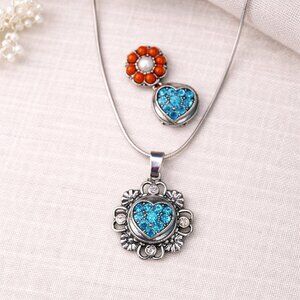 Silver Flower Interchangeable Snap Charm Necklace Blue & Orange
